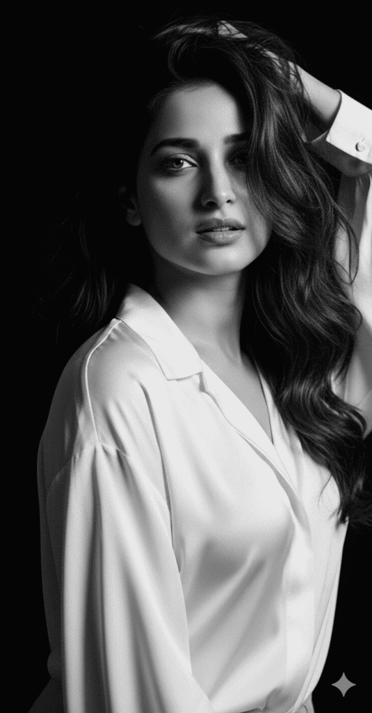 Black and white high-fashion editorial portrait